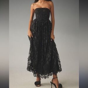 Anthropologie Payal Jain Strapless 3D Floral Beaded Lace Maxi Dress in Black